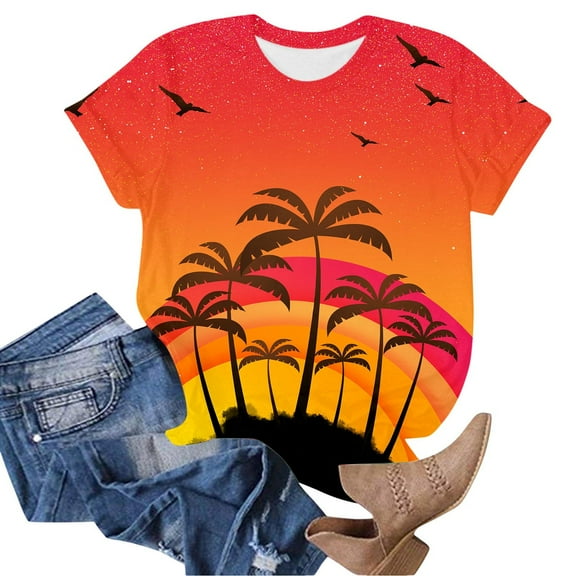 SHITINN Women's Fashionable Coconut Tree Vacation Print Round Neck Short Sleeved Casual Top T Shi Women's Short Sleeve Tops Women's Tops Summer Top