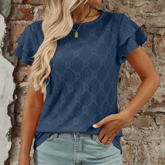 SHITINN Women's Floral Sleeve Hollow Out Round Neck T Shirt for Outdoor Home and Cute Short Sleeve Tops for Women Womens Basic Tops Women's Tops, Tees & Blouses