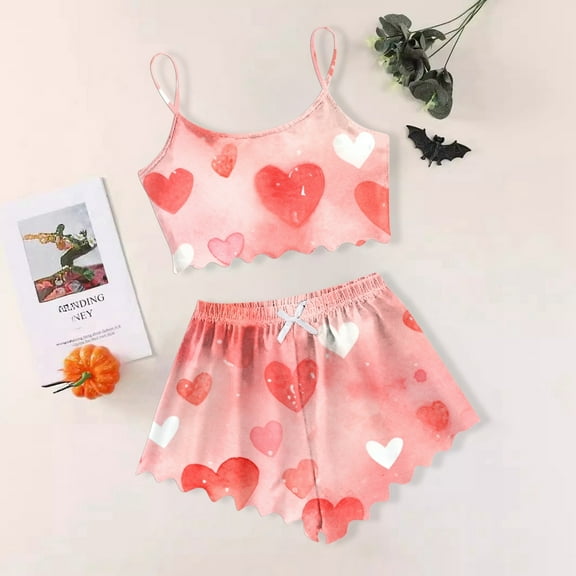 SHITINN Women's Heart Print Casual Pajama Shorts Set Ladies Satin like Pajama Shirt Pajama Set Short Sleeve Shorts Satin Pajamas for Women