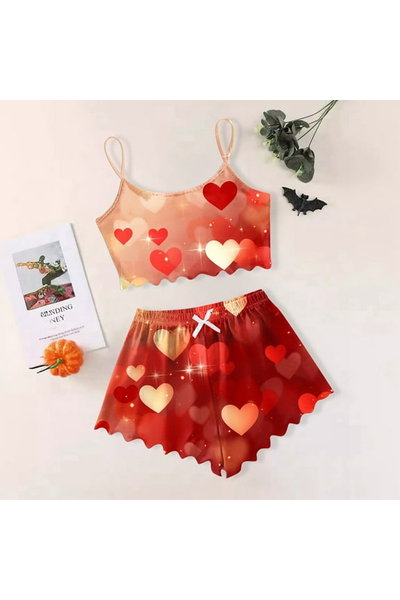 Women's Heart Print Casual Pajama Shorts Set Short Sleeve Womens Pajamas Shorts Satin Pajamas for Women Sleep Wear for Women