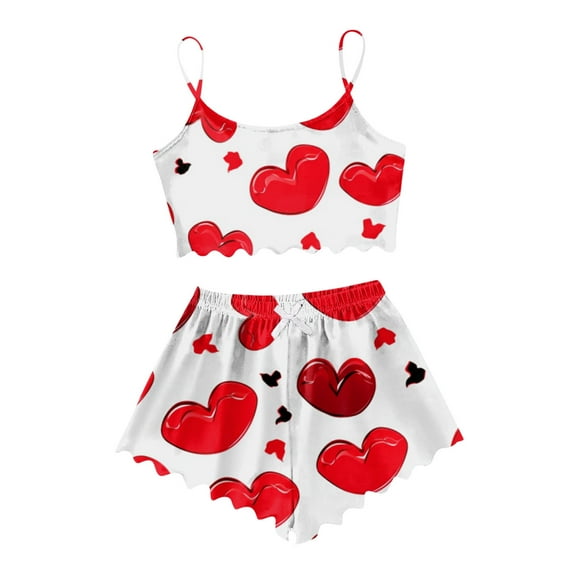 SHITINN Women's Heart Print Casual Pajama Shorts Set Womens Satin Sleep Shorts Pajamas Top Pajama Set for Women Pajama Set Women Satin Camisole Tops for Women Sleepwear Womens Flannel Pajamas Pants
