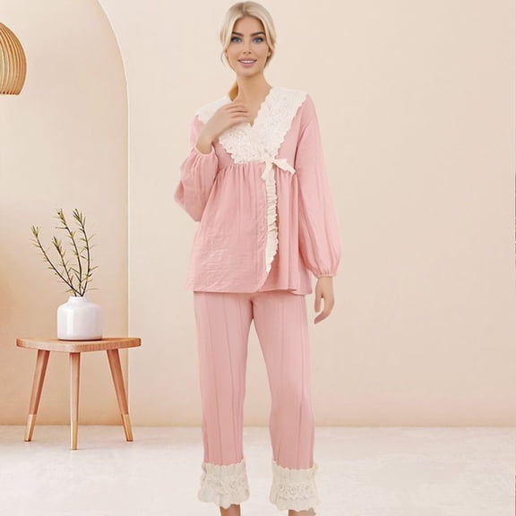 SHITINN Women's Jacquard Long Sleeve Pajamas Set Plus Size Loose Lace Home Dress Set Matching Family Pajamas Bride Pajamas Teacher Pajamas