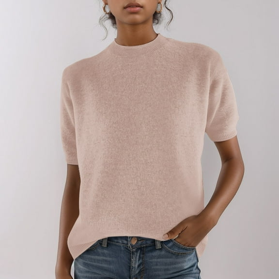SHITINN Women's Knitted Short Sleeved Low Round Neck Knitted Mid Sleeve Bottoming Shirt Short Sleeve Tops Shirt for Women Womens Summer T Shirts