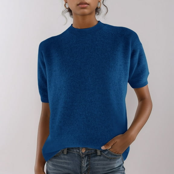 SHITINN Women's Knitted Short Sleeved Low Round Neck Knitted Mid Sleeve Bottoming Shirt Short Sleeve Tunic Tops for Women Womens Clothing Summer Clothes