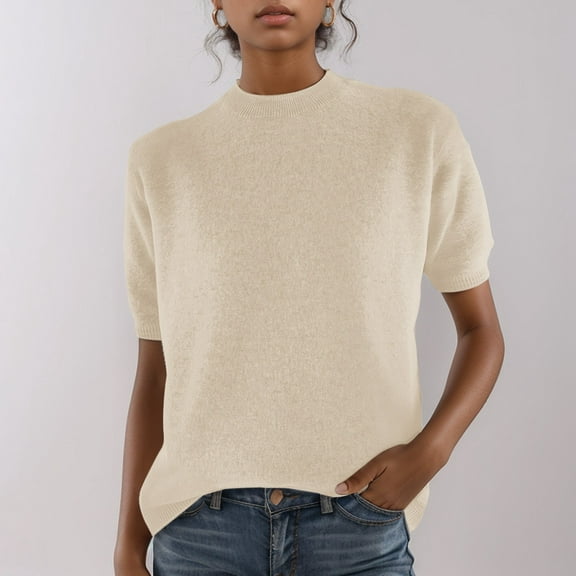 SHITINN Women's Knitted Short Sleeved Low Round Neck Knitted Mid Sleeve Bottoming Shirt Womens Short Sleeve Blouses Shirt for Women Tops for Women Trendy Summer