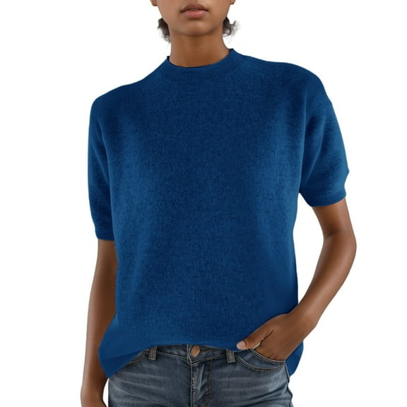SHITINN Women's Knitted Short Sleeved Low Round Neck Knitted Mid Sleeve Bottoming Shirt Womens Summer Tops Short Sleeve Shirt Women Women Summer Tops