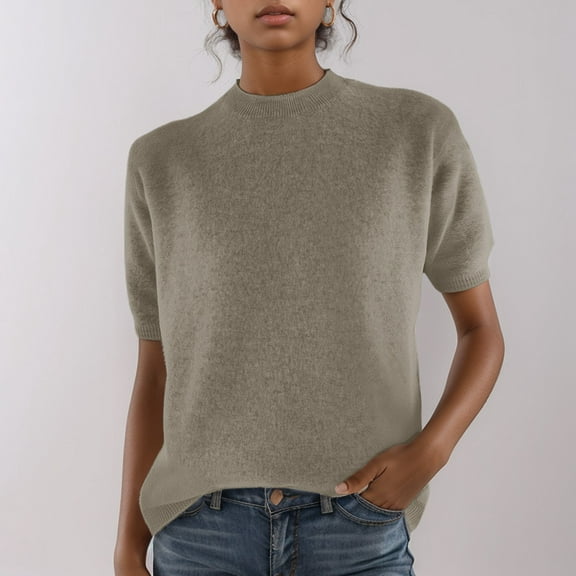SHITINN Women's Knitted Short Sleeved Low Round Neck Knitted Mid Sleeve Bottoming Shirt Womens Tops Short Sleeve Womens T Shirts Summer Fashion Women