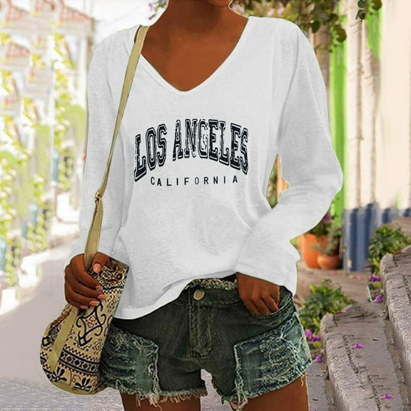 SHITINN Women's Letter Print Loose Long Sleeve V Neck T Shirt Womens Tops Trendy Womens Short Sleeve Shirts Lightweight Tops & Blouses