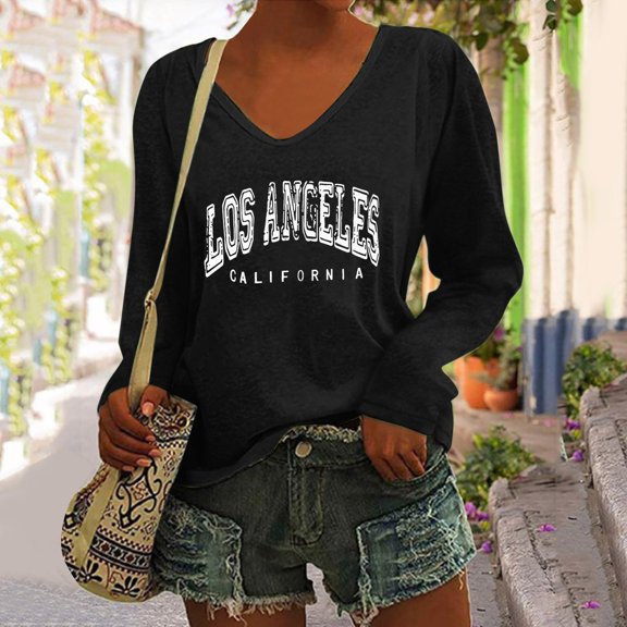 SHITINN Women's Letter Print Loose Long Sleeve V Neck T Shirt Womens Tshirt Womens Short Sleeve Shirts Womens Summer Blouses