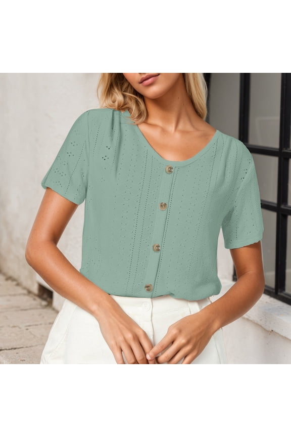 Women's Loose Round Neck Short Sleeve Jacquard T Shirt with Buttons Short Sleeve Womens Tops Summer Top Women Womens Tops Trendy