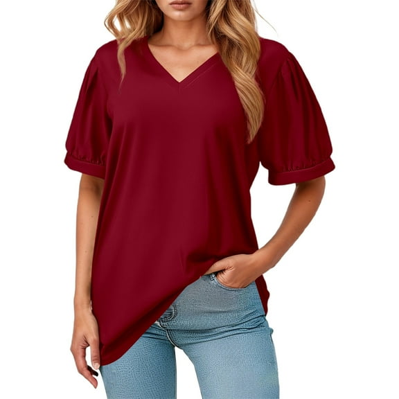 SHITINN Women's Loose V Neck Short Sleeve Puffed Casual T Shirt Short Sleeve Tops for Women Women's Summer Tops Women's T Shirts