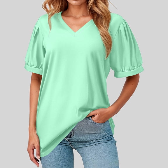 SHITINN Women's Loose V Neck Short Sleeve Puffed Casual T Shirt Women's T Shirts Short Sleeve Blouses Women Summer Tops
