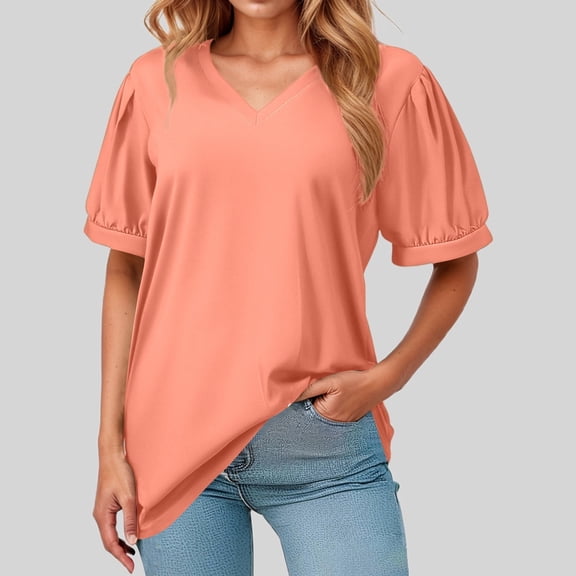 SHITINN Women's Loose V Neck Short Sleeve Puffed Casual T Shirt Womens Tshirt Short Sleeve Blouses Womens Summer Clothes