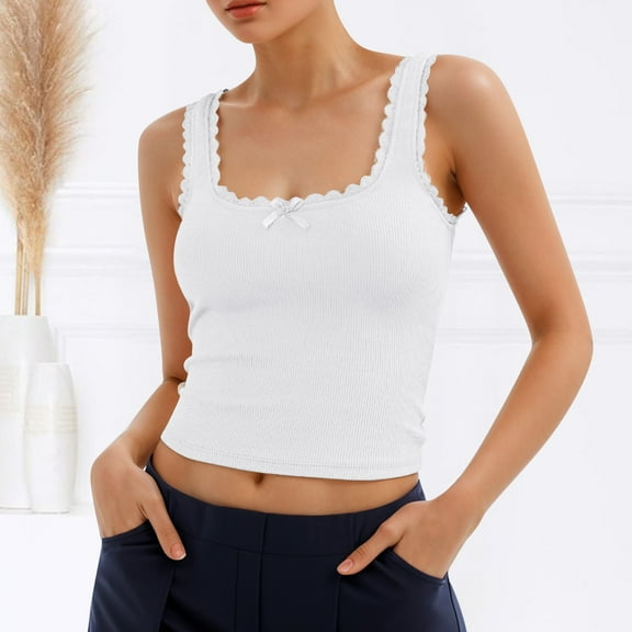 SHITINN Women's Neck Sleeveless Knit Ribbed Fitted Casual Crop Tank Top Thick Strap Tops for Women Tan Forever21 plus Size Women Camisole Crop Girls Top with Bra Spaghetti Strap Bra Crop Top Extra