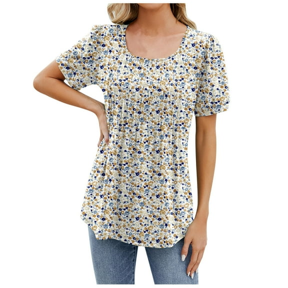 SHITINN Women's New Round Neck Floral Solid Color Top Over Short Sleeve Loose T Shirt Women's Short Sleeve Tops Blouses for Women Casual Summer Top Women