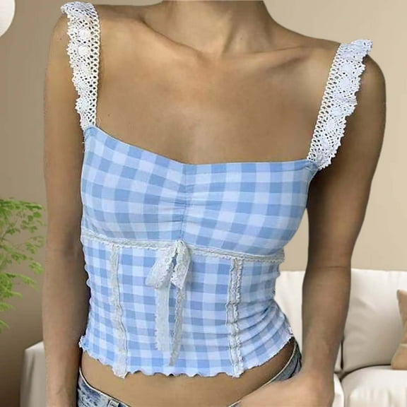 SHITINN Women's Plaid Crop Top Square Neck Lace Trim Gingham Tank Top Spaghetti Strap Shirt Going Out Corset Tops 1975 Crop Top All Tops 4xl Womens plus Size Tops Mens Running Tops Women 2x Blouse