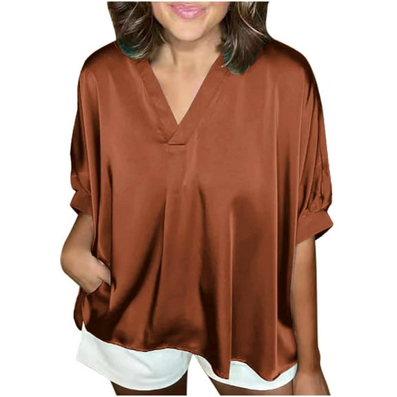 SHITINN Women's Plus Size Blouses 3/4 Sleeve Dressy Tunic Tops V Neck Casual Loose Blouse Pleated Blouse for Women Womens Short Sleeve Shirts Summer Tops for Women