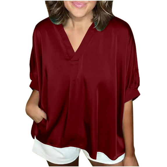 SHITINN Women's Plus Size Blouses 3/4 Sleeve Dressy Tunic Tops V Neck Casual Loose Blouse Pleated Blouses for Women Casual Women Short Sleeve Tops Trendy Tops for Women 2025