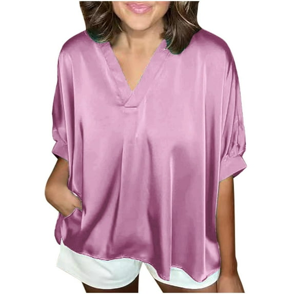SHITINN Women's Plus Size Blouses 3/4 Sleeve Dressy Tunic Tops V Neck Casual Loose Blouse Pleated Casual Shirts for Women Womens Tops Short Sleeve Summer Top Women