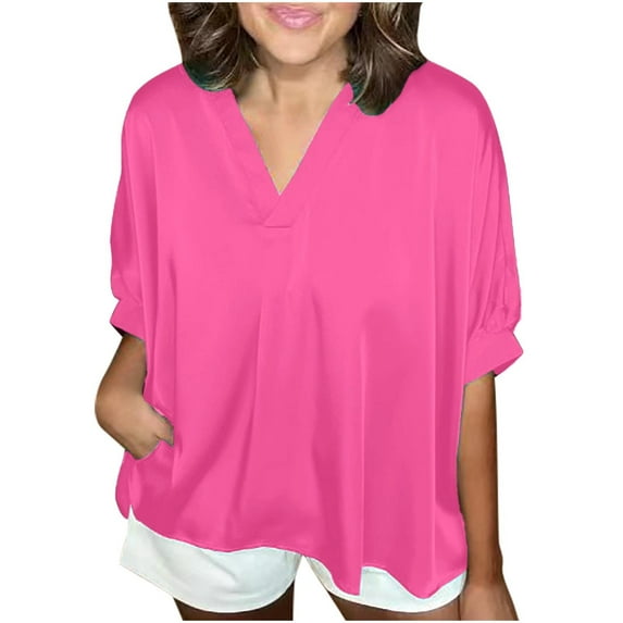 SHITINN Women's Plus Size Blouses 3/4 Sleeve Dressy Tunic Tops V Neck Casual Loose Blouse Pleated T Shirts Women Women's Short Sleeve Tops Summer Outfits for Women