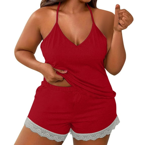 SHITINN Women's Plus Size Lace Trim Pajama Set Short Sleeveless Top & Shorts 2 Piece Sleepwear Set Knit Pajamas for Women Pajamas Woman Cute Sleepwear Pajama for Women Pajama Drama Women Set Women