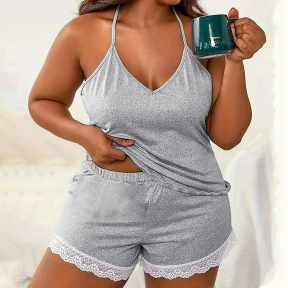 SHITINN Women's Plus Size Lace Trim Pajama Set Short Sleeveless Top & Shorts 2 Piece Sleepwear Set Womens Sweatshirt Pants Two Two Cute Top Set