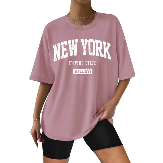 SHITINN Women's Printed Round Neck Drop Shoulder T Shirt Top Short Sleeve Blouses for Women Summer Shirts for Women 2025 Blouse for Women
