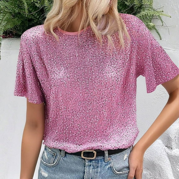 SHITINN Women's Sequin Loose Crew Neck Short Sleeve T Shirt Top Womens Blouses Short Sleeve Tops Womens Summer Shirts