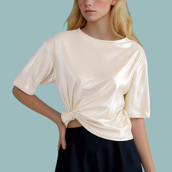 SHITINN Women's Shiny Glossy Solid Color Turtleneck Short Sleeve Tee Shirt Top Womens Short Sleeve Tops Tops for Women Womens Summer Tops Casual