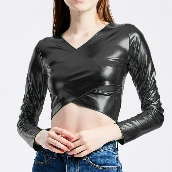 SHITINN Women's Shirts Women's wrap-around leather solid color tube top shirt performance tops Womens Summer Tops Short Sleeve Women Clothing