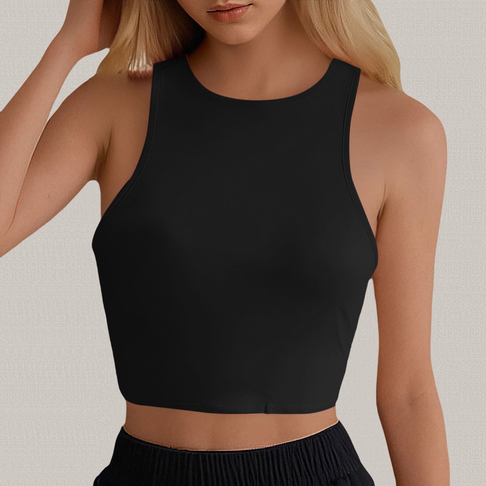 Chic Neckline Crop Top with Built In Bra Cotton
