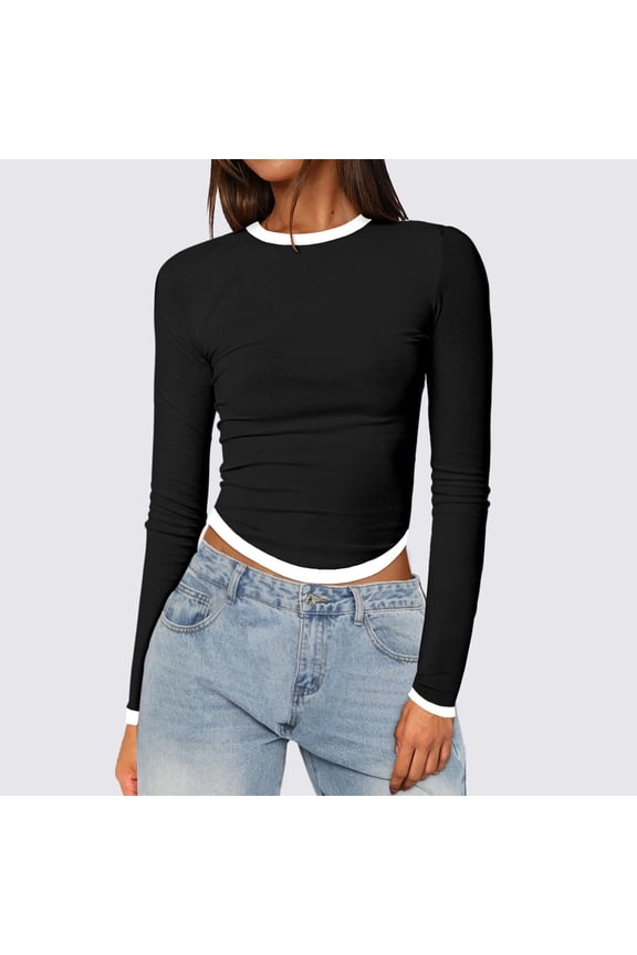 Women's Slim Tops Long Sleeve Round Neck Crop Top Tee Shirt Basic Solid Tight Slim Fit C Womens Clothes Cute Short Sleeve Tops for Women Womens Shirts Summer