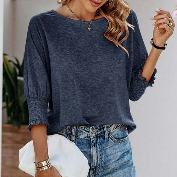 SHITINN Women's Solid Color Fashion Loose Round Neck Point Sleeve Long Version T Shirt Womens Short Sleeve Blouses Womens Tops Summer Woman Shirts