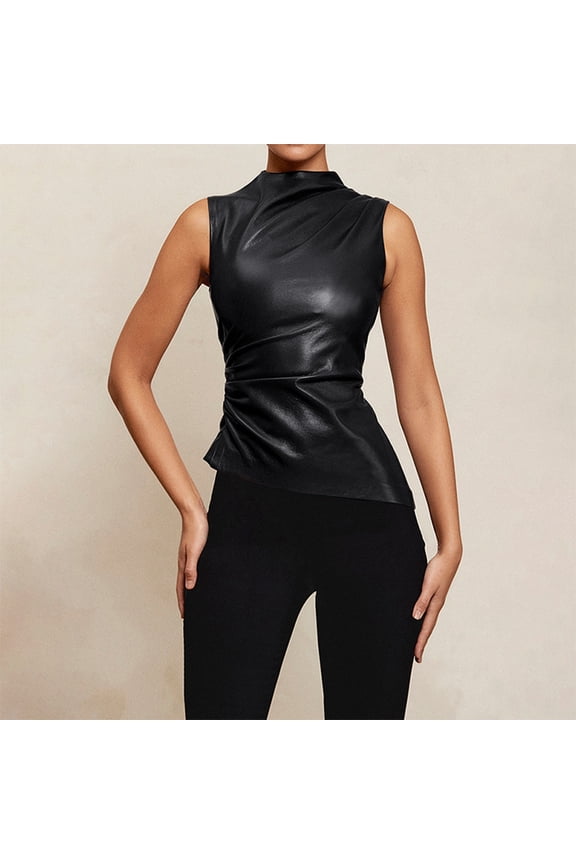 Women's Solid Color Leather Collarless Asymmetrical Hem Slim Fit Sleeveless Vest Top Beaded Women Athletic Crop V Neck Must Haves for Women Athletic Crop Tops Women Running Top Women Biking