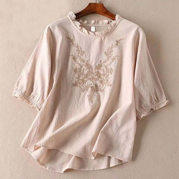SHITINN Women's Solid Color Linen Casual Half Sleeve T Shirt Bohemian Embroidered Ruffle Sleeves Short Sleeve Tunic Tops for Women Summer Shirts Women Womens Tshirts