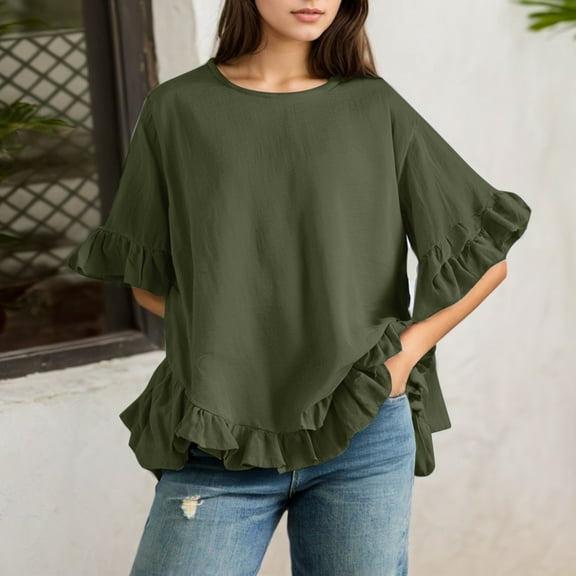 SHITINN Women's Solid Color Linen Loose Fit Ruffled Round Neck Short Sleeve Button Up Blouse Blouse for Women Womens Short Sleeve Tops Womens Summer Shirts