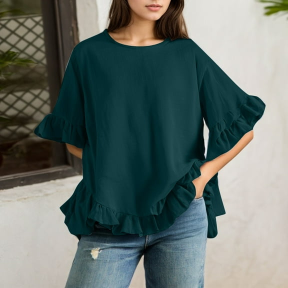 SHITINN Women's Solid Color Linen Loose Fit Ruffled Round Neck Short Sleeve Button Up Blouse Women Blouses Short Sleeve Shirts for Women Spring Tops for Women