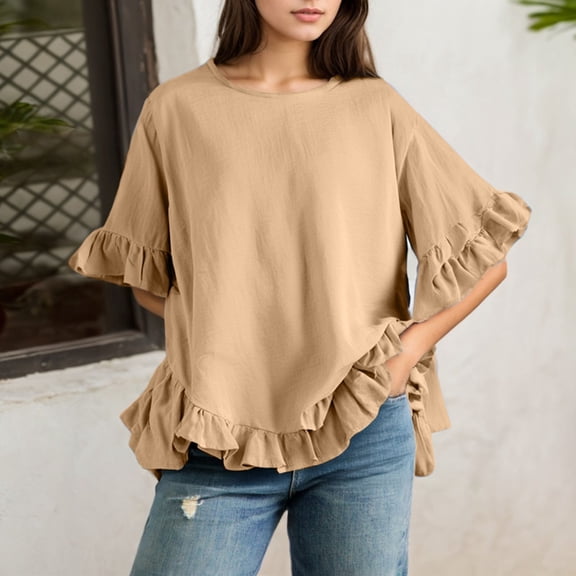 SHITINN Women's Solid Color Linen Loose Fit Ruffled Round Neck Short Sleeve Button Up Blouse Womens Basic Tops Short Sleeve Tunic Tops for Women Womens Summer T Shirts