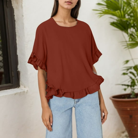 SHITINN Women's Solid Color Linen Loose Fit Ruffled Round Neck Short Sleeve Button Up Blouse Women's Clothes Short Sleeve Blouses Women's Summer Tops
