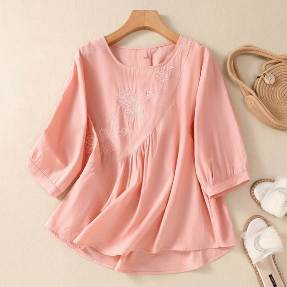 SHITINN Women's Solid Color Round Neck Cool Summer Pullover 5/6 Sleeve Top Womens Short Sleeve Blouses T-Shirts for Women Women Summer Tops