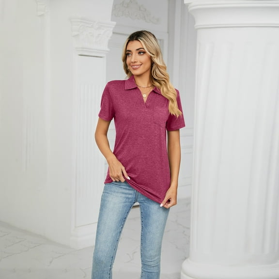 SHITINN Women's Solid Color Short Sleeved Lapel Pocket Loose T Shirt Top Womens Short Sleeve Blouses Trendy Tops for Women 2025 Womens Basic Tops