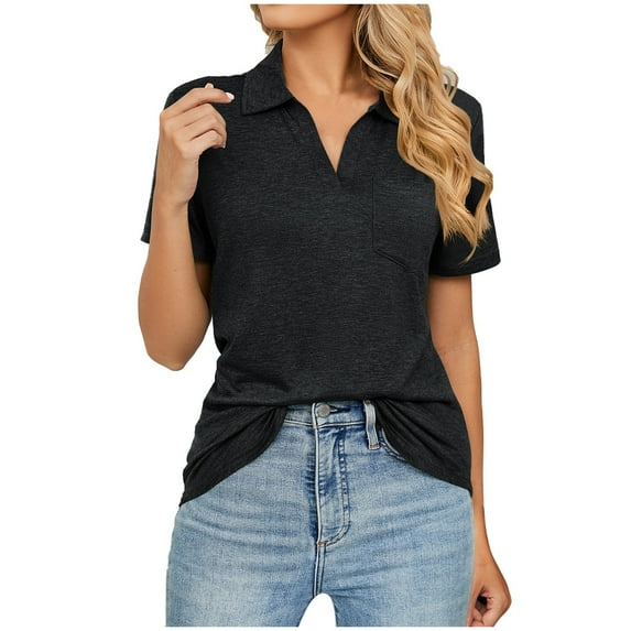 SHITINN Women's Solid Color Short Sleeved Lapel Pocket Loose T Shirt Top Womens Summer Tops Short Sleeve Womens Summer Blouses Womens Shirts Casual