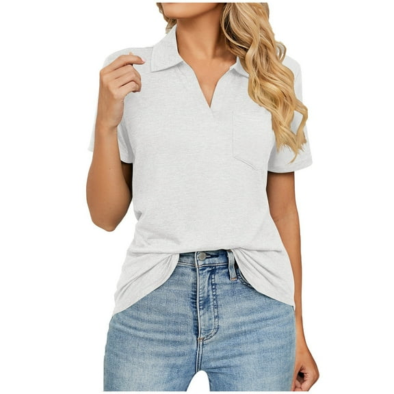 SHITINN Women's Solid Color Short Sleeved Lapel Pocket Loose T Shirt Top Womens Tops Short Sleeve Summer Clothes Womens Clothing