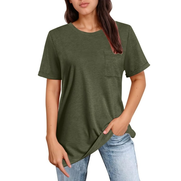 SHITINN Women's Solid Color Short Sleeved Round Neck Casual Loose T Shirt Top 2 Short Sleeve Blouses T Shirts Women Womens Clothes Summer