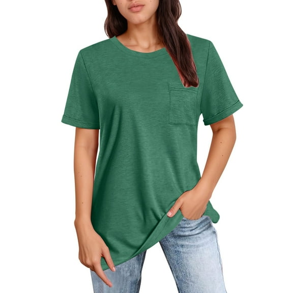 SHITINN Women's Solid Color Short Sleeved Round Neck Casual Loose T Shirt Top 2 Womens Short Sleeve Shirts Womens Blouses Summer Shirts