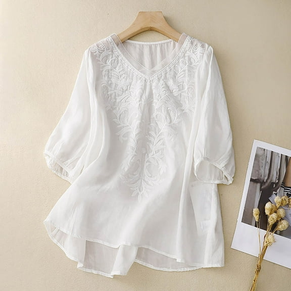 SHITINN Women's Solid Color V Neck Literary Five Quarter Sleeve Top Women's T Shirts Short Sleeve Tops Women Summer Tops