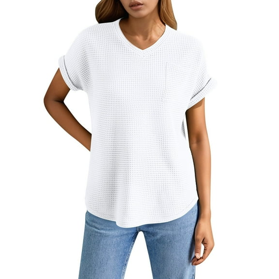 SHITINN Women's Solid Color V Neck Short Sleeve Knit Shirt with Pocket Stylish Summer Top Women's Tops Womens Tops Short Sleeve Womens Shirts Summer