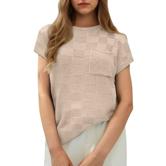 SHITINN Women's Solid Round Neck Short Sleeve Knitted Cardigan with Plaid Splicing European and C Blouse for Women Womens Short Sleeve Blouses Summer Clothes for Women
