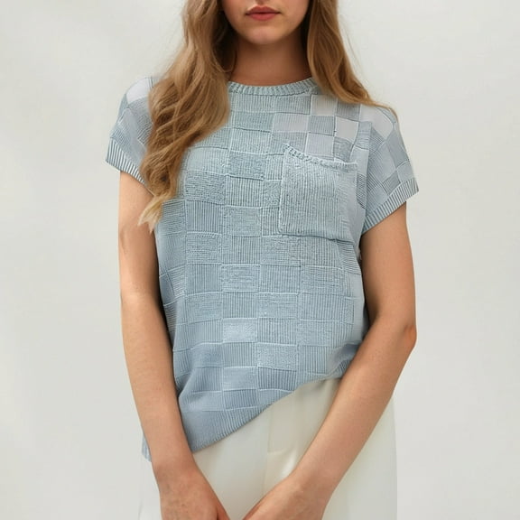 SHITINN Women's Solid Round Neck Short Sleeve Knitted Cardigan with Plaid Splicing European and C Shirt for Women Short Sleeve Womens Tops Womens Tees Loose Fit