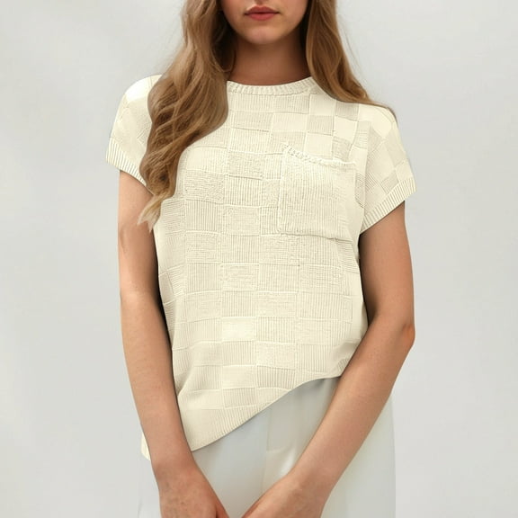 SHITINN Women's Solid Round Neck Short Sleeve Knitted Cardigan with Plaid Splicing European and C Women's Tops Short Sleeve Tops for Women Loose Fitting Tops for Women